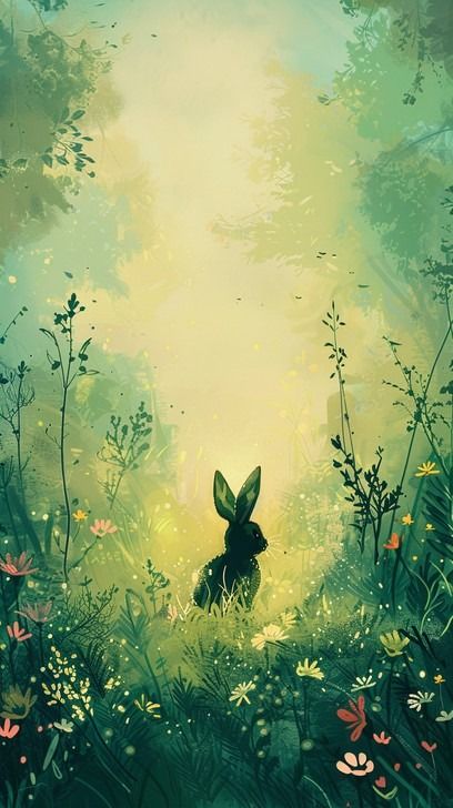 In this captivating illustration, a solitary rabbit sits tranquilly in the midst of a lush, mystical forest. The morning sun filters through the canopy, casting a gentle, ethereal glow that bathes the scene in a spectrum of soft, warm hues. Delicate wildflowers and rich greenery create a sense of tranquility, inviting the viewer into a world of peace and natural wonder. The rabbit, perfectly at ease in this enchanted setting, becomes the embodiment of the forest's quiet beauty. Enchanted Forest Illustration, Forest Clearing, Quiet Beauty, Rabbit Illustration, Winter Illustration, Forest Illustration, Mystical Forest, Magic Forest, Scene Image