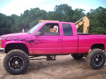 '95 Chevy Silverado [ paint job & truck i want ] - '96 has the better motor & is the same thing pretty much Pink Lifted Trucks, Pink Monster Truck, Pink Chevy Trucks, Pink Chevy, Truck Chevy, Pink Monster, Future Trucks, Girls Driving, Car Deco