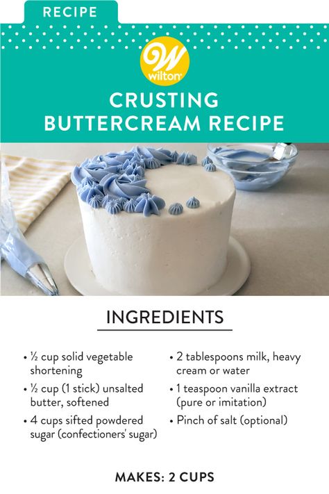 Want to know the secret to getting that nice, smooth finish on your cake? It’s all in the icing! Crusting buttercream (or frosting that lightly sets) is perfect if you need your frosting to keep its shape. You can use it to ice cakes, pipe swirls on cupcakes or for making buttercream flowers. Create a beautiful canvas for your buttercream flowers and decorations. #wiltoncakes #cakes #cakedecorating #cakeideas #buttercream #frosting #recipes #homemade #baking #americanbuttercream #dessertideas Stiff Cake Frosting Recipe, Best Piping Buttercream Frosting, Smooth Cake Icing Recipe, Buttercream Icing With Crisco, Icing For Flowers Recipe, Stiff Piping Frosting Recipe, Firm Buttercream Frosting, Icing Recipe For Piping Cupcakes, Crusted Buttercream Frosting