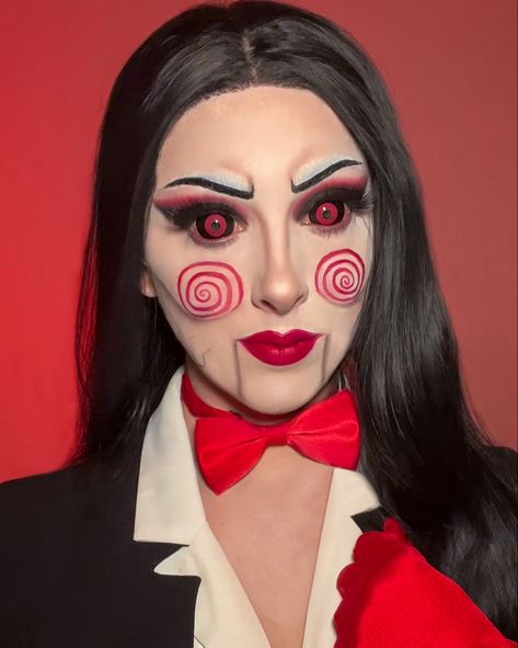 Jigsaw’s puppet billy, from the saw movies! Billy Saw Makeup, Scary Costumes Ideas, Billy The Puppet Makeup, Saw Makeup Jigsaw, Jigsaw Billy The Puppet, Billy Jigsaw, Jigsaw Puppet, Saw Puppet, Saw Costume