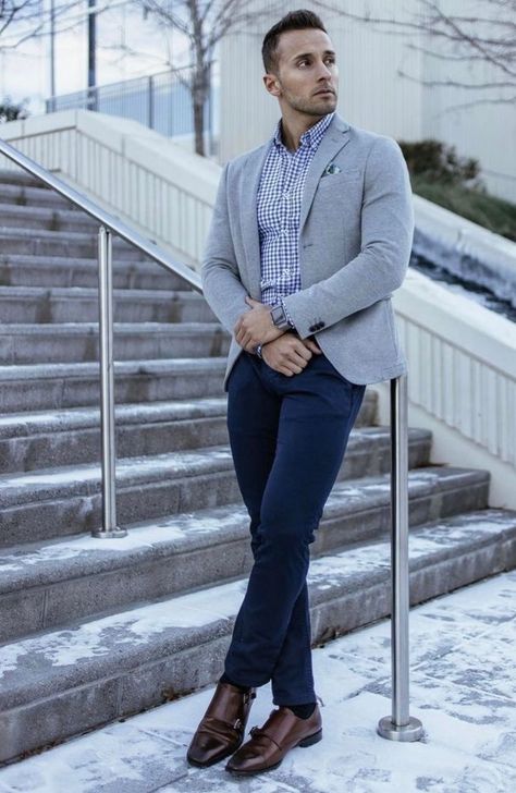 men's grey blazer, blue gingham shirt, navy chinos, dark brown double monks Men Blue Blazer Outfit, Dark Blue Chinos Men Outfits, Chinos And Blazer Men, Blue Chinos Men Outfits, Outfit Semiformal, Chinos And Blazer, Masculine Contemporary, Men Work Outfits, Blue Chinos Men