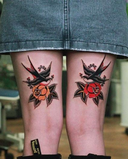 American Traditional Tattoos Tricep, American Traditional Colour Tattoos, Old School Tattoo Thigh, Women Back Of Leg Tattoo, American Traditional Self Love Tattoo, American Traditional Thigh Piece, Back Of Thigh Tattoo Traditional, Traditional Tattoo Ribs, Traditional Hip Tattoos Women