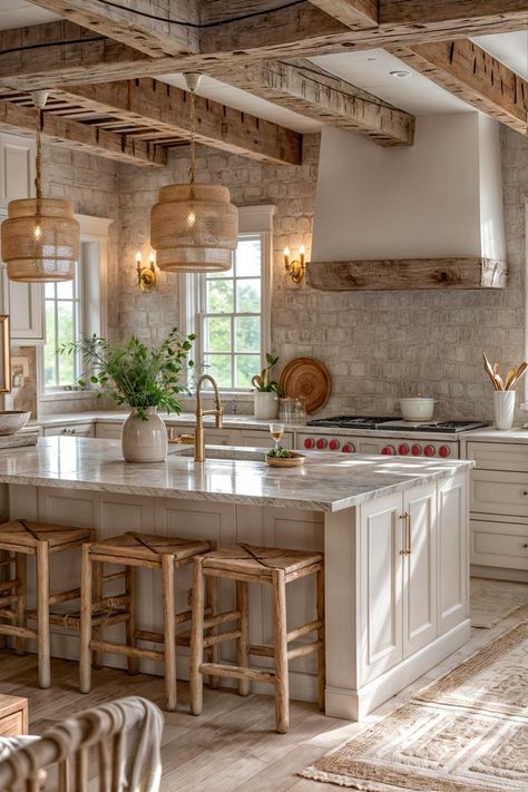 Modern Country Home Kitchen, Provence Kitchen Design, Wood Base Cabinets White Uppers, Country Farmhouse Interior Design, Kitchen With Arches, Big Country Kitchen, Parisian Modern Kitchen, Mediterranean Kitchen Design Rustic, Country Style House Interior