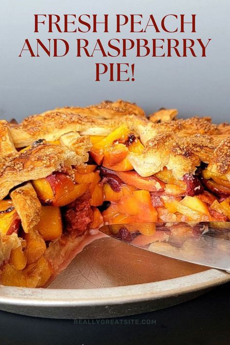 peach and raspberry pie with a slice cut out of pie pan Raspberry Pie Recipe, Berry Bites, Lattice Crust, Fresh Fruit Desserts, Peach Pie Recipes, Peach Raspberry, Raspberry Pie, Homemade Vanilla Ice Cream, Homemade Sweets