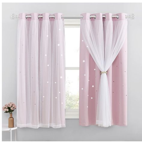 NICETOWN Kids Blackout Curtains for Girls - Eyelet Top Cut Out Star Pattern Pink Curtain Match Net curtains 63 Drop for Romantic Princess Nursery Bedroom, 2 Pieces, 52 x 63-inch Drop, Baby Pink Amazon.co.uk Kids Blackout Curtains, Romantic Princess, Princess Nursery, Star Cut Out, Layered Curtains, Pink Curtains, Nursery Curtains, Curtains For Bedroom, Net Curtains