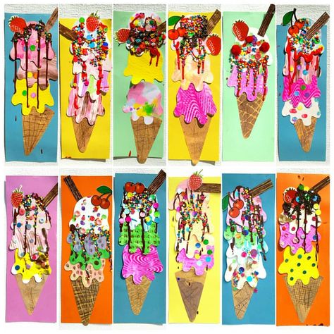 Ice cream collage Food Themed Art Projects For Kids, Summer Crafts For Kids Elementary, Summer Art Ideas, Summer Art Projects, Ice Cream Art, 2nd Grade Art, Strawberry Sauce, Sunday Evening, Chocolate Strawberry