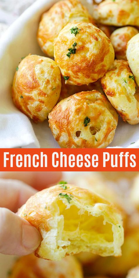 French cheese puffs gougeres are so airy and cheesy. Loaded with mozzarella cheese and parmesan cheese, these cheesy puffs are so easy to make at home | rasamalaysia.com #sidedish #diy #frenchpastry #baking #appetizer French Cheese Puffs, Gougeres Recipe, Cheese Puffs, French Cheese, Läcker Mat, French Cooking, Recipes Crockpot, Deilig Mat, Bread Recipes Homemade