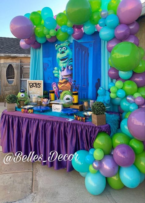 Monsters Inc One Year Birthday, Monsters Inc Backdrop Party Ideas, Monsters Inc Photo Booth, First Birthday Monsters Inc Theme, Monster Inc Bday Party, Monster Inc Backdrop, 2nd Birthday Monsters Inc, First Birthday Monsters Inc, Monsters Inc Birthday Backdrop