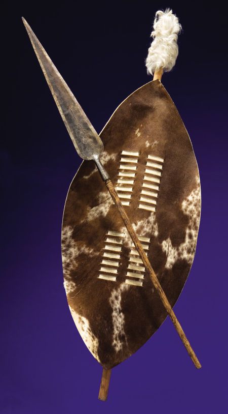 AUTHENTIC ZULU STABBING SPEAR AND SHIELD. ... Paleolithic | Lot #48344 | Heritage Auctions Iklwa Spear, Zulu Spear, African Warrior Tattoos, African Spear, Spear And Shield, Zulu Warrior, Black Smithing, African Tattoo, African Symbols