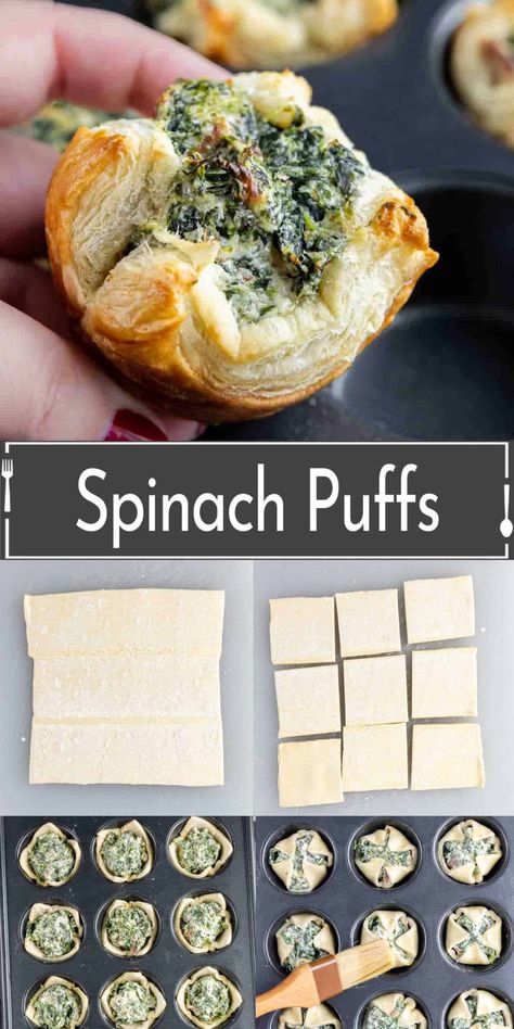 This easy Spinach Puff Pastry appetizer is a delicious blend of crisp, golden brown puff pastry, cheesy creamed spinach, and bacon. It's an easy appetizer recipe perfect for holiday parties! Philo Pastry, Spinach Puffs Recipe, Spinach Appetizers, Spinach Puffs, Spinach Puff Pastry, Cream Cheese Puff Pastry, Spinach And Bacon, Spinach Puff, Cream Cheese Spinach