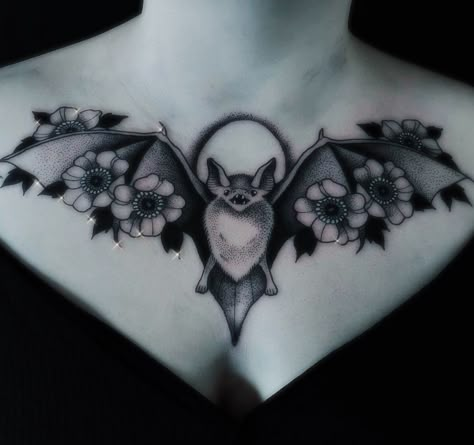 Bat Chest Piece Tattoo Female, Bat Chest Tattoos For Women, Bat Stomach Tattoos Women, Bat Chest Piece, Bat Chest Tattoo Female, Chest Tattoo Bat, Bat Neck Tattoo, Bat Tatoos, Bat Chest Tattoo