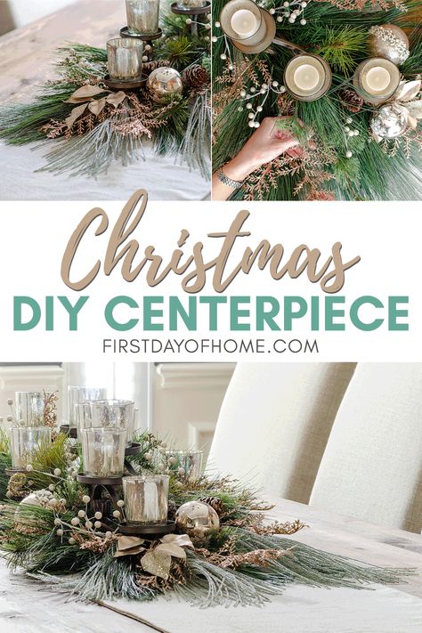 Learn how to make an elegant DIY Christmas centerpiece for your table decor this season. This glam centerpiece is cheap and easy to make but looks like a designer centerpiece for your holiday tablescape. Get tips on how to combine different elements for a gorgeous Christmas table! #christmascenterpiece #diycenterpiece #diydecor #holidaydecor #firstdayofhome Christmas Table Settings Elegant, Mercury Glass Centerpiece, Holiday Centerpieces Diy, Elegant Christmas Centerpieces, Christmas Centrepieces, Xmas Centerpieces, Diy Christmas Table, Table Centerpieces Diy, Christmas Centers