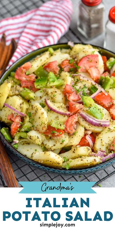 Italian Potato Salad is a family recipe I think you are going to fall in love with. Easy to make and packed with flavor, it is perfect for family gatherings. Easy Italian Potato Salad, Italian Potatoes Salad, Potato Salad With Italian Dressing, Potato Salad With Tomatoes, Potato Salad With Peppers, Sicilian Potato Salad, Potato And Tomato Salad, Romanian Potato Salad, Italian Potato Recipes