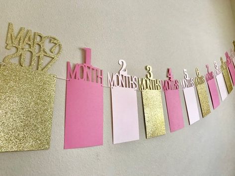 Photo Banner First Birthday, First Birthday Activities, Baby Birthday Banner, Monthly Photo Banner, Pink Gold Birthday, Cow Birthday Parties, First Birthday Banner, Monthly Pictures, First Birthday Photo