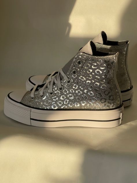 Leopard Print Converse, Leopard Converse, Sparkly Converse, Silver Converse, Glitter Converse, Fresh Shoes, Sneakers Addict, Shoe Inspo, Swag Shoes