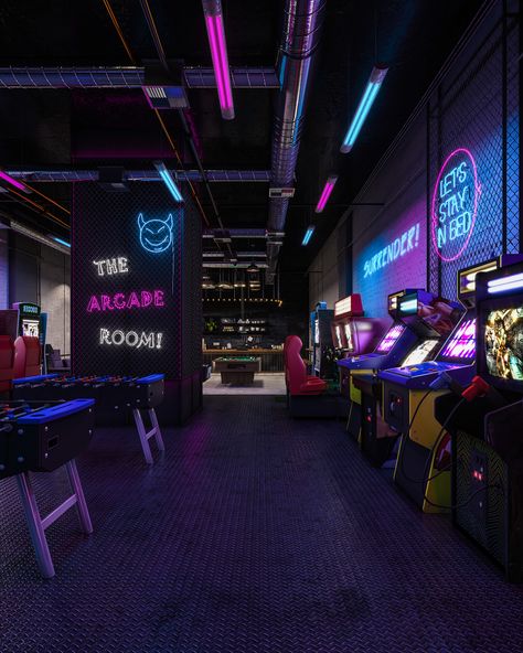 Game Arcade Design Projects | Photos, videos, logos, illustrations and branding on Behance Arcade Cafe Interior Design, Retro Arcade Design, Arcade Room Design, Caffe Design, Arcade Design, Memory Exercises, Arcade Bar, Gaming Lounge, Gaming Center