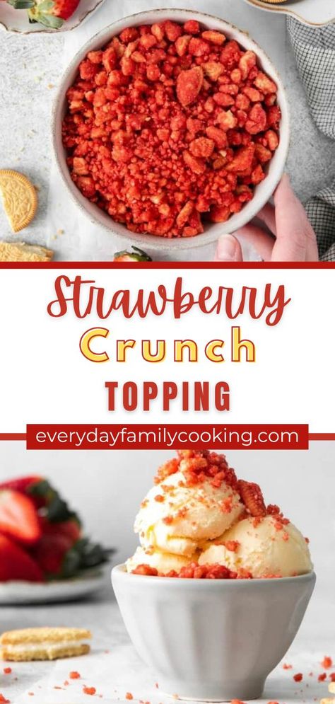 This strawberry crunch recipe is simple, easy, and super versatile. I’ll show you how to make strawberry crunch by combining butter with golden Oreos and Jello. It only takes these 3 ingredients and can be completed in under 15 minutes. Strawberry Crunch Recipe, Strawberry Crunch Topping, Strawberry Banana Cakes, Strawberry Jello Cake, Crunch Topping, Desserts With Few Ingredients, Strawberry Shortcake Ice Cream, Strawberry Crunch, Crunch Recipe