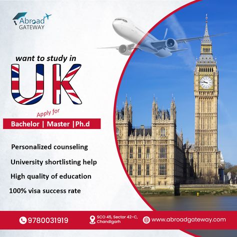 UK Study Visa Consultants in Chandigarh Study Abroad Creative Ads, Abroad Study Poster, Uk Study Visa Creative Ads, Study In Abroad Poster Design, Study In Abroad Social Media Post, Uk Education, Hanuman Photos, Uk Universities, Chandigarh