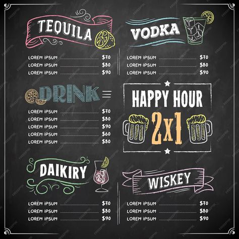 Premium Vector | Colorful Chalkboard Menu Vintage Bar Chalkboard Ideas, Colorful Chalkboard, Chalkboard Restaurant, Chalk Menu, Drink Menu Design, Mexican Restaurant Decor, Menu Vintage, Menu Illustration, Coffee Shop Branding