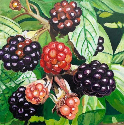 Blackberry Painting Acrylic, Blackberries Painting, Vegetable Garden Painting, Blackberry Painting, Pantone Postcards, Berries Painting, Wild Blackberries, Star Magnolia, Blackberry Bush