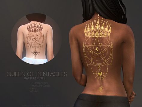 sugar owl's Queen of Pentacles tattoo Queen Of Pentacles Tattoo, Pentacles Tattoo, Sims Tattoo, Queen Of Pentacles, Sims 4 Tattoos, Sims 4 Traits, Pelo Sims, Skin Details, 4 Tattoo