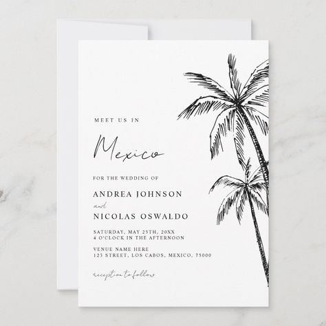 Surprise your friends & family with these modern, tropical wedding invitations. Easily add your own details by clicking on the "personalize" option. Modern Destination Wedding Invitations, Key West Wedding Invitations, Destination Wedding Stationary, Mexico Wedding Invitations, Beach Wedding Invitation, Tropical Chic Wedding, Modern Tropical Wedding, Hawaii Wedding Invitations, Mauritius Wedding