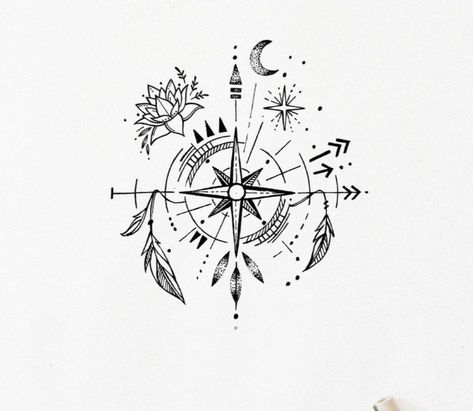 Boho Compass Tattoo, Lotus Compass Tattoo, Dream Catcher Compass Tattoo, True North Tattoo, Tattoo Lining, Geometric Tattoo Bird, Front Thigh Tattoos, Shoulder Cap Tattoo, Compass Art