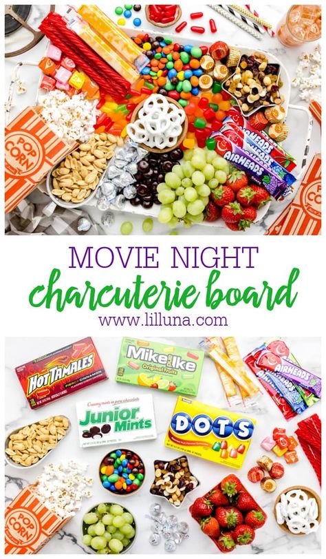 This Movie Night Charcuterie Board is the ultimate snack platter for all of your movie munching needs. It's customizable and SO fun! #charcuterie #charcuterieboard #movienight #snacks Friday Night Charcuterie Board, Movie Night Appetizers, Movie Night Charcuterie Board, Movie Night Charcuterie, Movie Night Snack Ideas, Night Snack Ideas, Homemade Kettle Corn, Cake Batter Truffles, Small Charcuterie