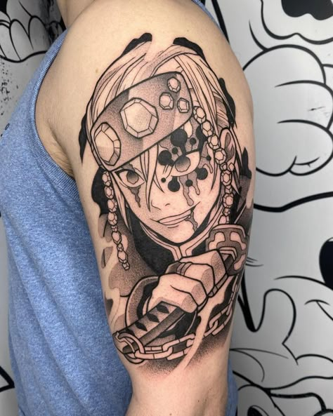 Ig: donniebydesign Lord Tengen Uzui Tattoo, Demon Slayer Tattoo Tengen, Demon Slayer Tattoo Zenitsu, Tengen Tattoo, Tengen Uzui Tattoo, Kimetsu No Yaiba Tattoo, Demon Slayer Tattoo Ideas, Belfast Tattoo, Leg Sleeve Tattoos