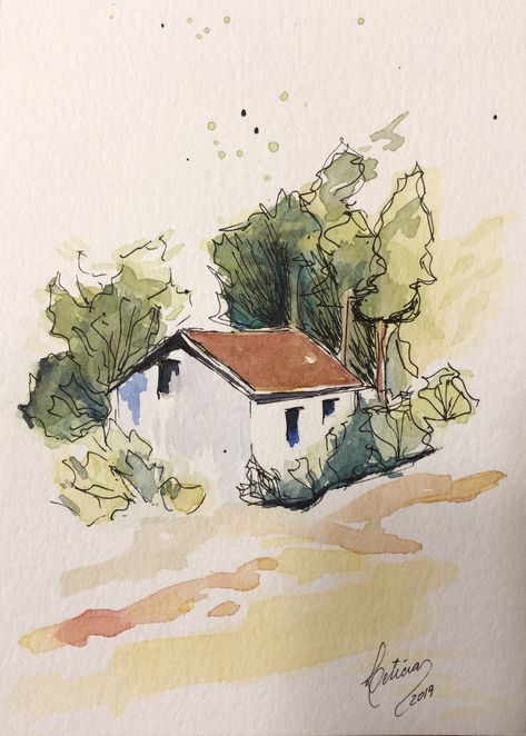 Watercolor And Pen Art Landscape, Country Watercolor Painting, Watercolor Simple Landscape, Watercolors Sketches, Easy Architecture Sketch, Country Sketches, Acrilyc Paintings Ideas, Watercolor Art Projects, Painting Ideas Watercolor