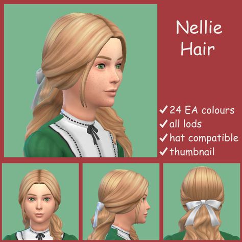 Nellie Hair A mid Victorian hairstyle for young girls that’s both historically accurate and adorable!  The bow is from the half-up hair in Cottage Living and the texture is in the same place which... Sims 4 Cc 1910s Hair, Sims 4 Cc Midevil Hair, Anne With An E Sims 4 Cc, Sims 4 50s Cc Hair, Sims 4 Victorian Hair, Sims 4 1890 Cc, 1910 Hair, Romantic Updos, Kids Maxi