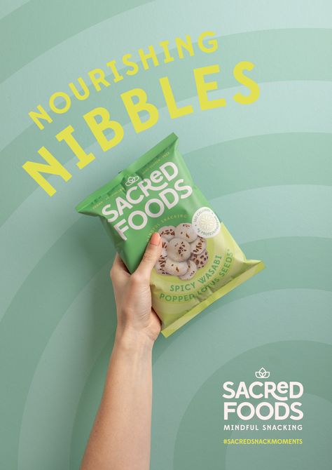 Sacred Foods is a new company offering more than just a healthy snack.  When they came to us we immediately saw an opportunity for them to connect directly with today’s wellbeing consumer. Healthy Snacks Design, Healthy Design Graphics, Snacks Package, Snacks Social Media Design, Food Company, Snacks Design, Healthy Food Packaging Design, Snack Packaging Design Creative, Healthy Food Design