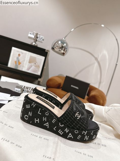 Chanel CC Logo Tweed Wedge Slide Sandals with Crystals Black Ralph And Russo Shoes, Martiniano Shoes, Sonic Shoes, Thom Browne Shoes, Carvela Shoes, Chanel Slides, Balmain Shoes, Supreme Shoes, Moschino Shoes