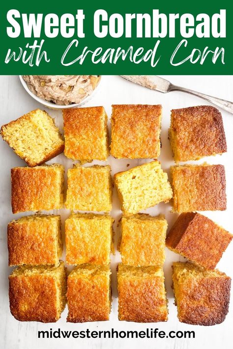 Sweet Jiffy Cornbread with creamed corn, honey, and sour cream is incredibly moist and perfectly sweet. Easy recipe with simple ingredients. Cornbread With Cream Corn, Cream Corn Cornbread Recipe, Sweet Jiffy Cornbread, Cornbread With Creamed Corn, Super Moist Cornbread, Corn Cornbread, Sour Cream Cornbread, Jiffy Mix Recipes, Creamed Corn Cornbread