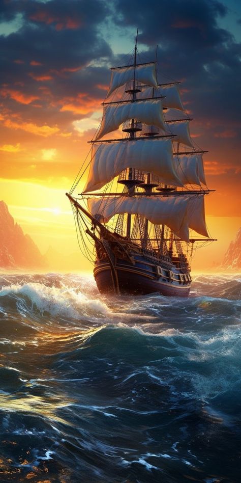 Wallpapers iPhone Pirate Ship Art, Luxury Sailing Yachts, Navi A Vela, Pirate Ships, Old Sailing Ships, Sailing Trips, Sailing Vessel, Sailing Adventures, Ship Paintings