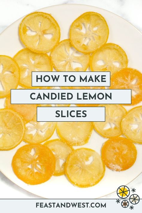 Candied lemon slices are like nature's sour patch kids! Make this tasty recipe with just three ingredients to garnish cakes, drinks and more. Lemon Peel Garnish, Candied Lemon Slices, Simple Sugar Syrup, Candied Orange Slices, Candied Lemon Peel, Blueberry Lemonade, Candied Lemons, Lemon Slices, Lemon Sugar