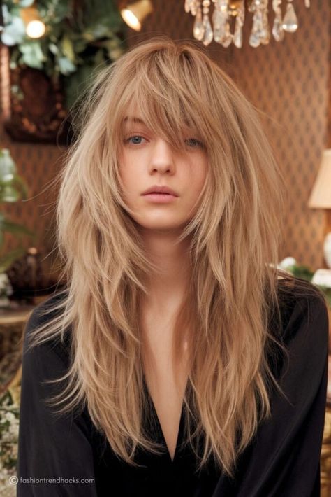 26 Wispy Bangs Long Hair Ideas for 2024 - Fashion Trend Hacks Long Shag Haircut With Full Bangs, Medium Shag Bangs, Indie Sleaze Hair, Long Shaggy Haircuts For Thick Hair, Shaggy Long Hair With Bangs, Long Shag Haircut No Bangs, Long Bangs Haircut, Wispy Bangs Long Hair, 70s Curtain Bangs