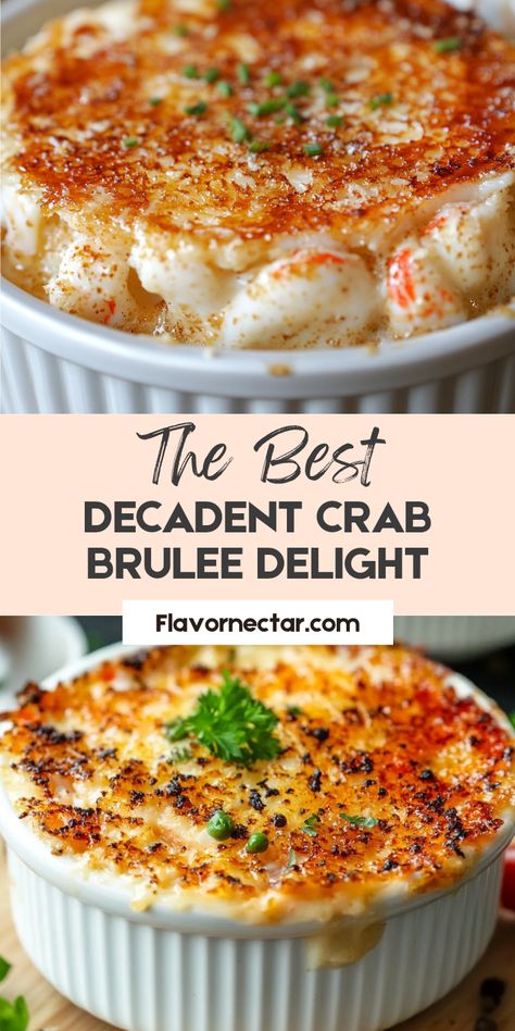 Explore the amazing crab brulee recipe using two images. A wonderful seafood appetizer that brings elegance to your dining table. Crab Imperial Recipes, Crabmeat Recipes, Crab Ideas, Baked Crab, Gourmet Appetizers, Crab Dishes, Brulee Recipe, Main Course Meals, Seafood Appetizers