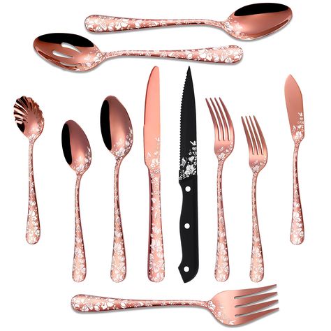 PRICES MAY VARY. 53 Pcs Rose Gold Silverware - Includes 8 dinner forks, 8 salad forks, 8 dinner knives, 8 dinner spoons, 8 teaspoons, 8 steak knives, and 5 serving utensils with butter knife, sugar spoon, serving fork, serving spoon, slotted serving spoon, Perfect for the daily use and a great housewarming or wedding gift. Unique Pattern Design - Our silverware sets are designed with beautiful laser print of butterflies with flowers, unique styles make your dining table special, standing out fro Rose Gold Silverware, Copper Silverware, Butterflies With Flowers, Black Silverware, Rose Gold Flatware, Black Flatware, Gold Silverware, Design Mirror, Gold Flatware