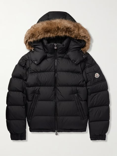 Moncler's 'Mayaf' jacket is instantly recognisable by its boxy silhouette and faux fur-trimmed hood. Made from black shell and filled with insulating down, it's detailed with a patch pocket and emblem at the sleeve. The side zip-pockets are roomy enough to hold all of your essentials. Moncler Maya, Guys Fashion Swag, Puffer Jacket With Fur, Fur Outfit, Hello Kitty Shoes, Mens Outdoor Jackets, Fur Hood Jacket, Fur Hood Coat, Shoes Outfit Fashion