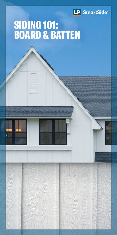 Looking to update the exterior design of your home? Board & batten might just be the rustic, modern visual interest you’ve been searching for. But what exactly is board & batten? Allow us to introduce you to this resurging design trend in exterior siding. #getthelpsmartsidelook #homeinspo #exteriordesign #curbappeal #siding #homedesign #rusticmodern #boardandbatten Hardi Board And Batten Siding, Exterior Siding Options Board And Batten, Hardy Board And Batten Siding, Exterior Board And Batten Ideas, 12 Inch Board And Batten Vinyl Siding, How To Install Board And Batten Siding, Lp Board And Batten Siding, Batten Board Siding Exterior, Lp Smart Siding Board And Batten