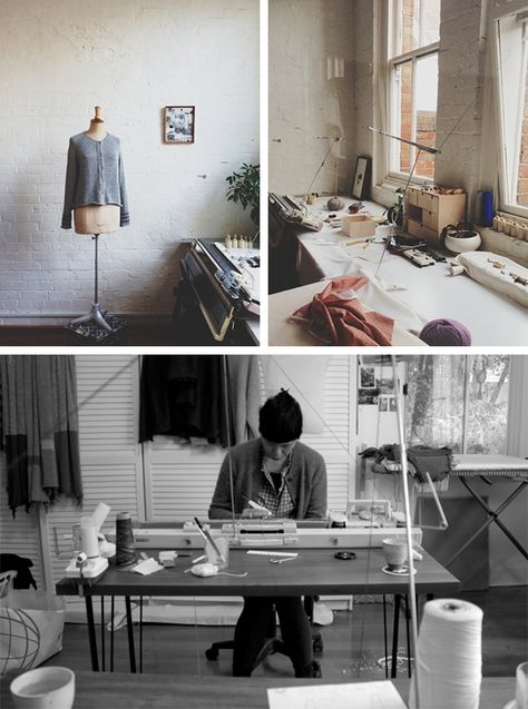 Elizabeth Yong of Primoeza knitting Office Inspiration Workspaces, Carrier Pigeon, Sewing Atelier, Knitting Room, Machine Knit, Sewing Room Decor, Room Of One's Own, Creative Workspace, Dream Studio