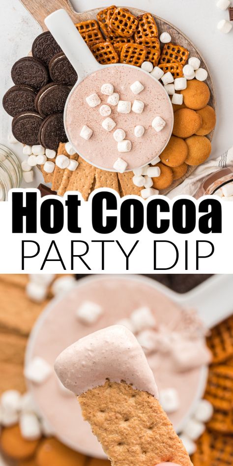 Hot cocoa dip is creamy, chocolaty and so delicious. Hot chocolate dip is made with powdered hot cocoa to give this dip amazing flavor. This dessert dip is perfect for fall and winter. Class Hot Chocolate Party, Hot Chocolate Dessert Dip, Hot Chocolate Dip Charcuterie Board, Hot Chocolate Cool Whip Dip, Snacks To Go With Hot Chocolate, Hot Cocoa Dip Charcuterie Board, Cool Whip Hot Cocoa Dip, Christmas Goodie Trays, Hot Chocolate Fluff