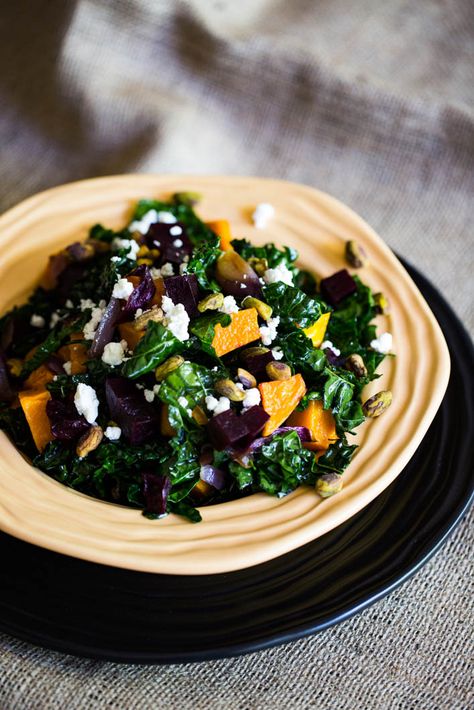 Salad With Roasted Butternut Squash, Tuscan Kale Salad, Tuscan Kale, Maple Vinaigrette, Roasted Onions, Winter Vegetables, Salad Ideas, Winter Salad, Beet Salad