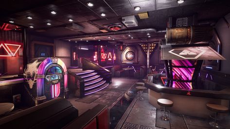 Sci Fi Bar, Sci Fi Interior Design, Bar Reference, Cyberpunk Room, Sci Fi Landscape, Spaceship Interior, Cafe Concept, Sci Fi City, Room Setting