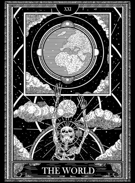 Tarot Card Clouds, The World Tarot Card Aesthetic, The World Tarot Wallpaper, Tarot Cards Design Illustration, Tarot Cards Illustration Artworks, The World Tarot Card Tattoo, The World Tarot Tattoo, The World Tarot Card Art, Black And White Tarot Cards