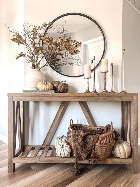 Entryway Elegance: 35 Fall Decor Ideas to Greet the Season – Arts and Classy Thanksgiving Console Table, How To Style A Foyer Table, Fall Entry Way Table Decor With Mirror, Autumn Console Table Decor, Fall Tv Console Decor, Entry Way Mirror Ideas, Fall Entryway Table Decor Farmhouse, Fancy Foyer, Foyer Mirrors