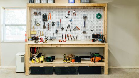 Small Garage Workbench Ideas, Workbench With Shelves, Diy Workbench With Pegboard, Pallet Work Bench Diy Workbenches, 2x4 Garage Shelf, Workbench With Pegboard, Building A Workbench Rockler Woodworking & Hardware, Workbench With Storage, Garage Work Bench Rockler Woodworking & Hardware