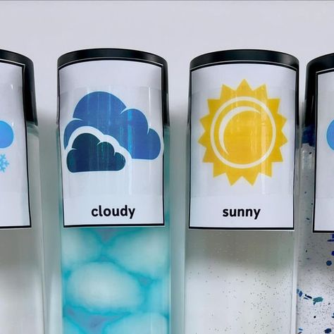 Weather Sensory Bottles, Weather Small Group Activities Preschool, Weather Large Motor Activities Preschool, Weather Provocations Preschool, Sensory Weather Bottle, What’s The Weather Toddler, Weather Printables, Sensory Bottles, Kids Sensory