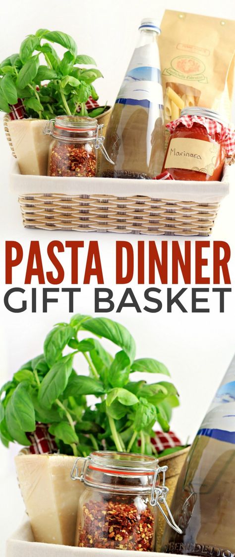 This Italian-inspired gourmet pasta dinner gift basket includes everything the recipient needs to enjoy a special pasta dinner. It's the perfect gift for someone who doesn't often take the time they need to treat themselves. Dinner Gift Basket, Italian Gift Baskets, Pasta Gifts, Gourmet Pasta, Creative Gift Baskets, Homemade Gift Baskets, Halloween Gift Baskets, Dinner Gifts, Auction Baskets